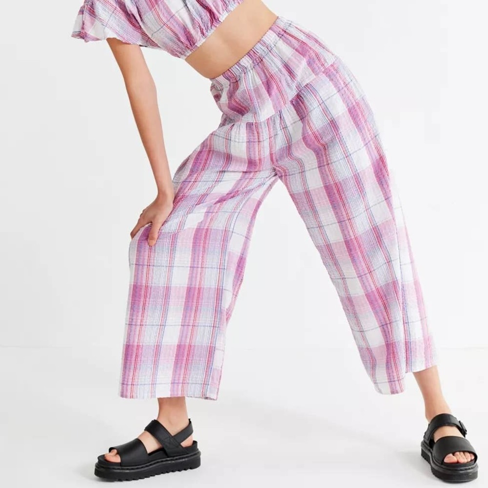 Urban Outfitters Madras Wide Leg Pink Plaid High Waist Cotton Pants